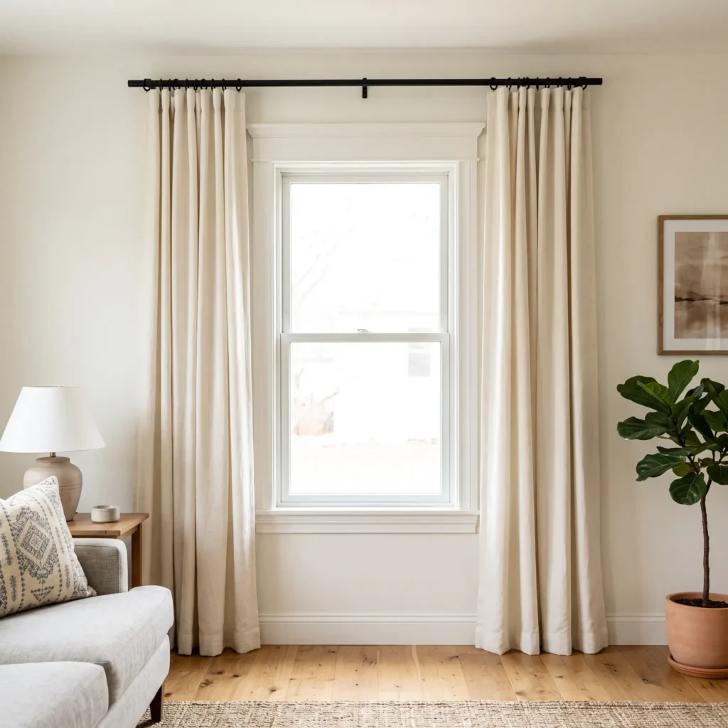 Cream curtains hung high and wide on a black rod above living room window molding.