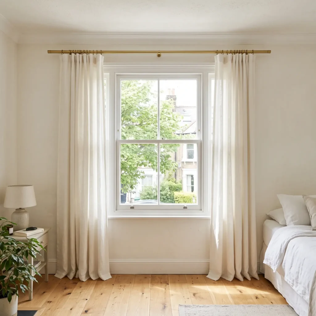Floor-length ivory curtains hung high and wide on a brass rod framing a bedroom window.
