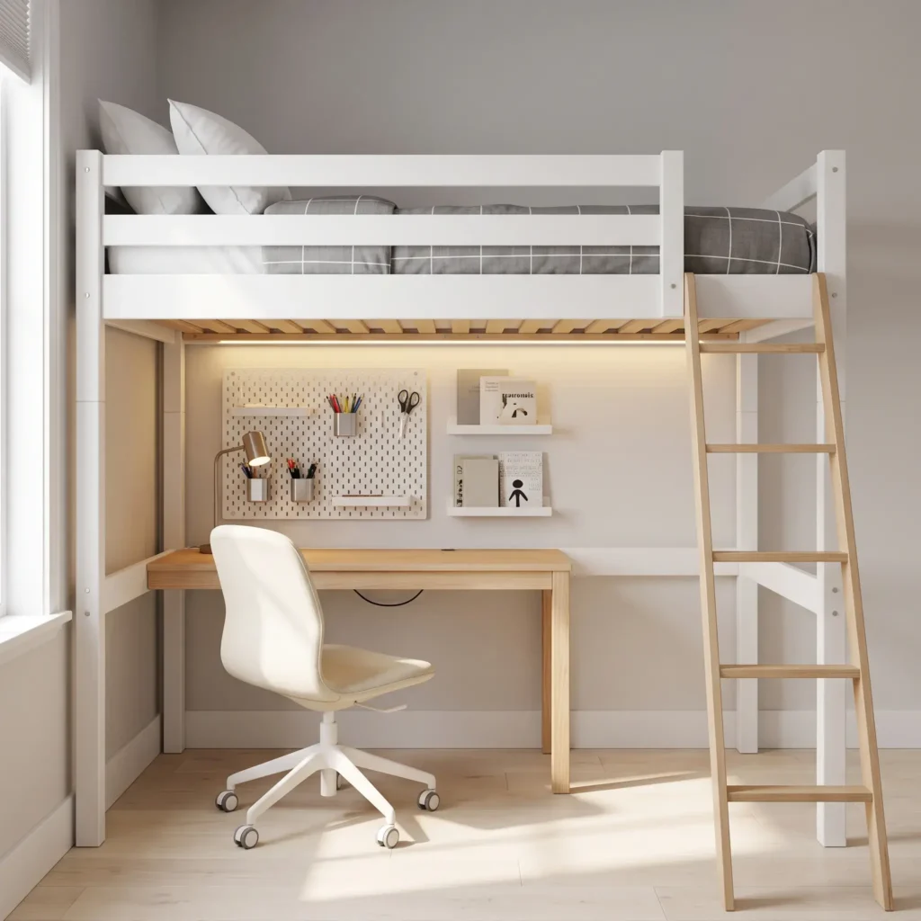 Solid white wood high loft bed with integrated study desk, desk chair, and wall pegboard organizer in a compact teen bedroom.
