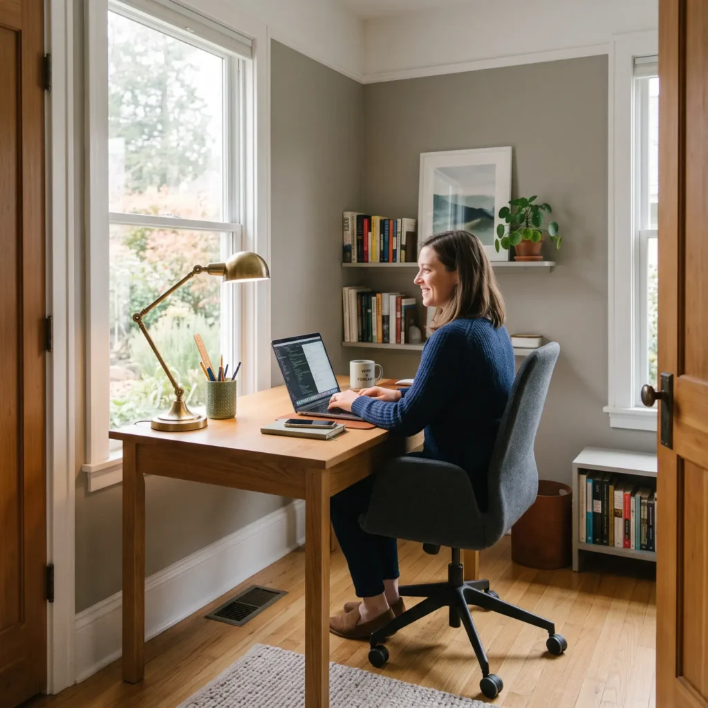 Home office desk placed in the command position facing the room with side window lighting.