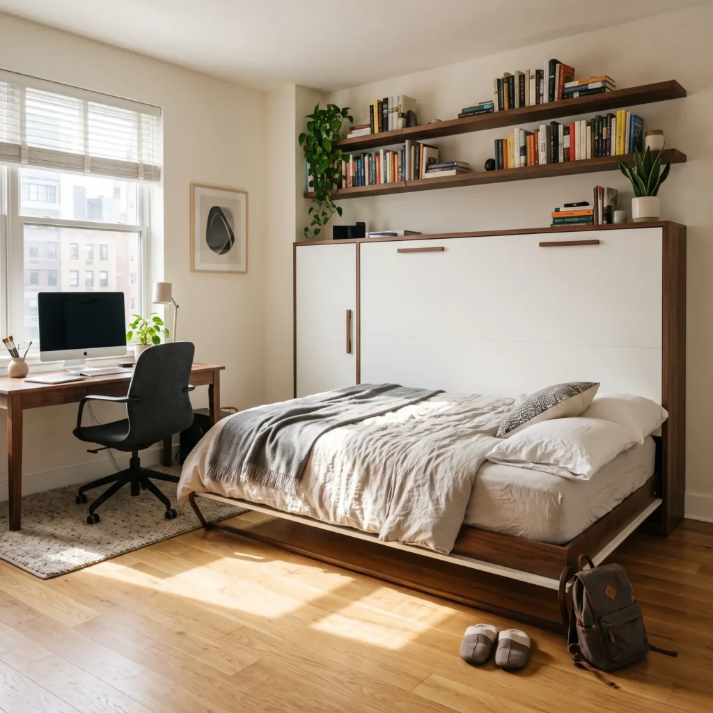 Horizontal fold-down Murphy bed in a narrow home office bedroom, showing compact room projection.