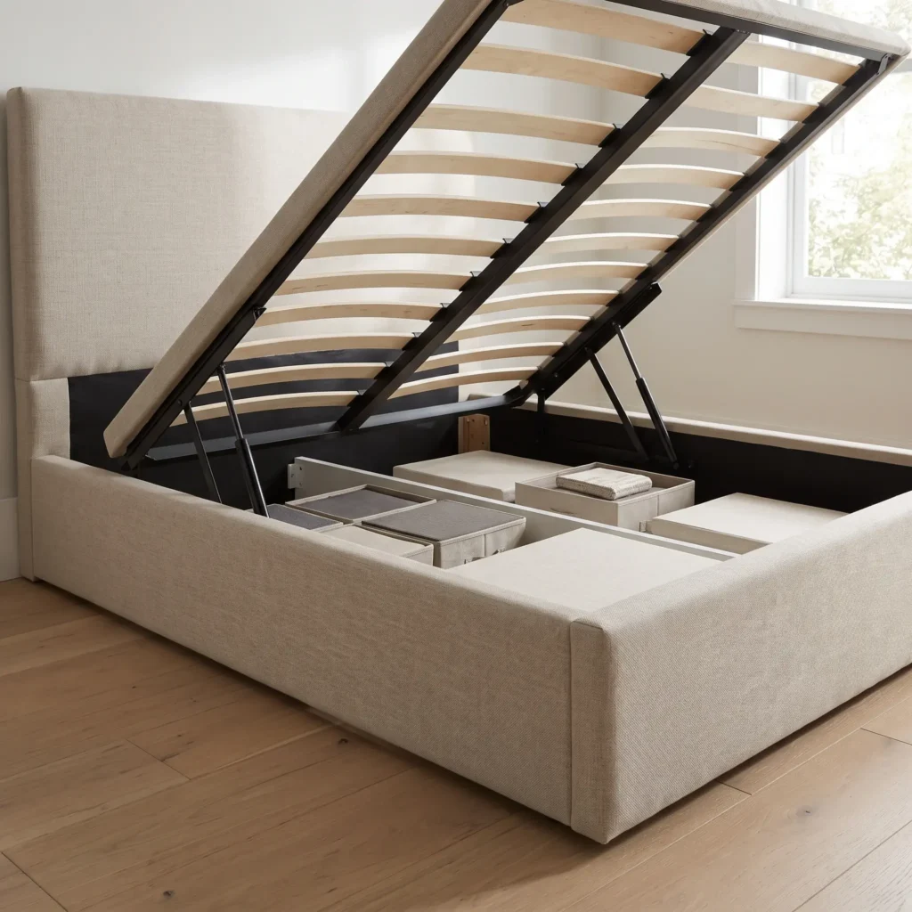 Upholstered hydraulic lift bed frame opened upward showing under-bed storage compartment.