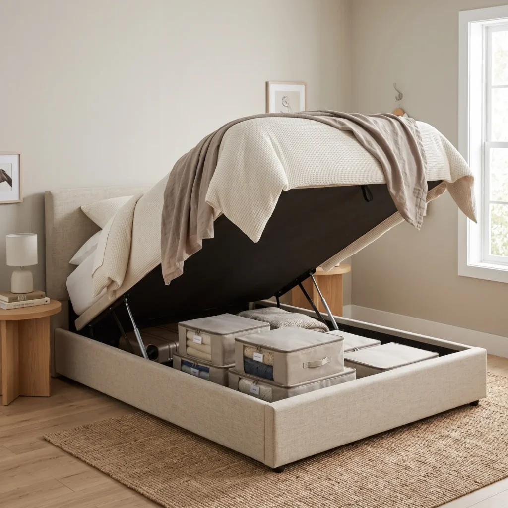 Warm minimalist full size hydraulic storage bed with mattress lifted to show organized storage space underneath.