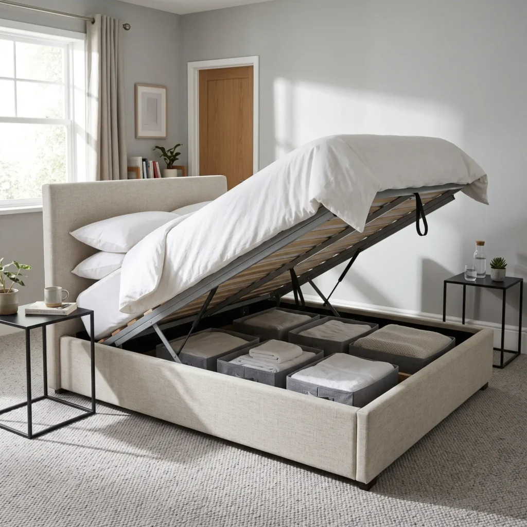 Clean small bedroom layout with a modern upholstered hydraulic lift-up bed revealing under-frame storage.
