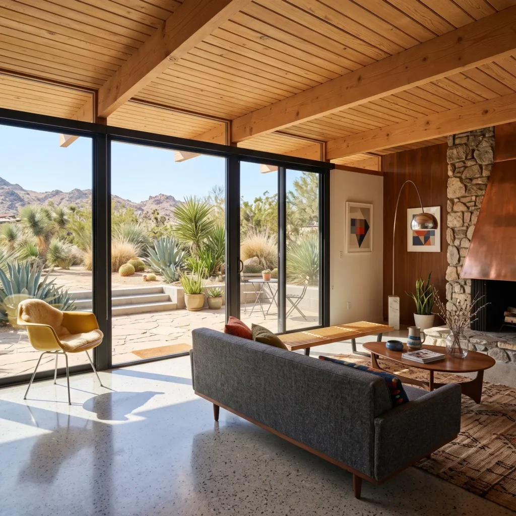Sunlit mid-century modern living room with glass walls, teak accents, and mustard yellow chair