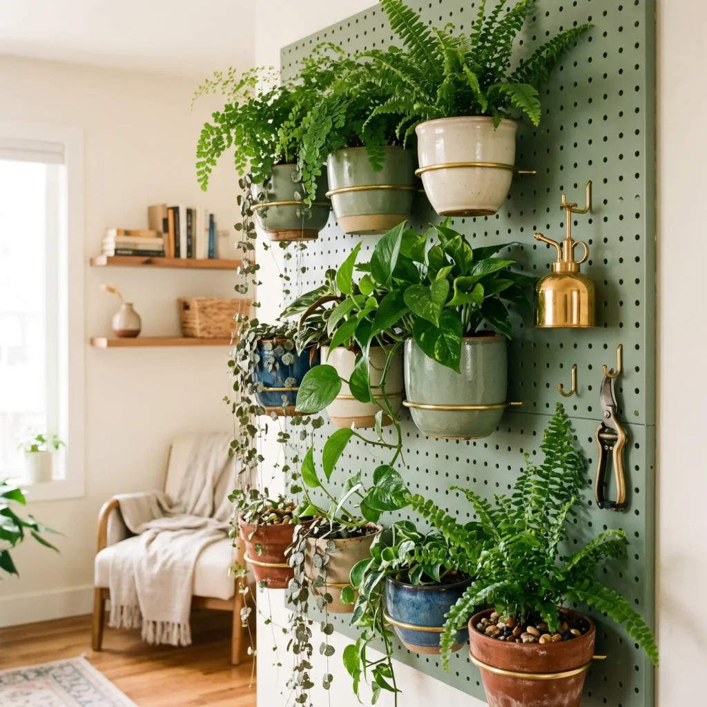 Powder-coated green pegboard wall with trailing indoor houseplants and terracotta pots on ring brackets.