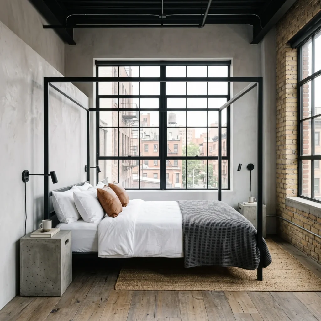 Modern urban loft bedroom with authentic light grey micro-cement walls, a slender black steel canopy bed, and rich caramel saddle leather accent cushions.
