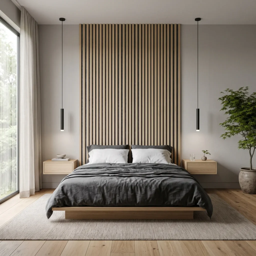 Minimalist Japandi style bedroom with an acoustic natural oak slat accent wall over grey felt, Sherwin-Williams Gray Screen walls, and cantilevered floating nightstands.