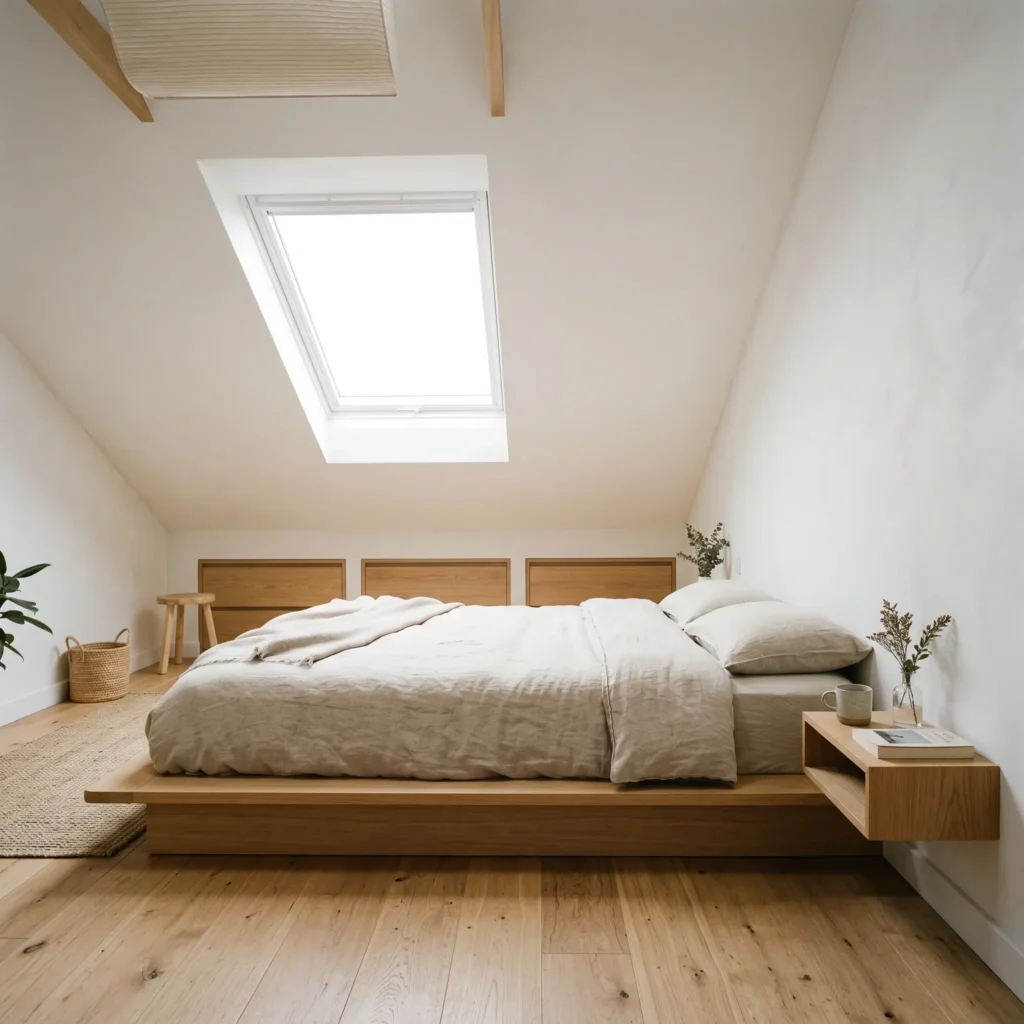 Low-profile natural oak platform bed placed beneath a sloped white attic ceiling with recessed knee-wall drawers.
