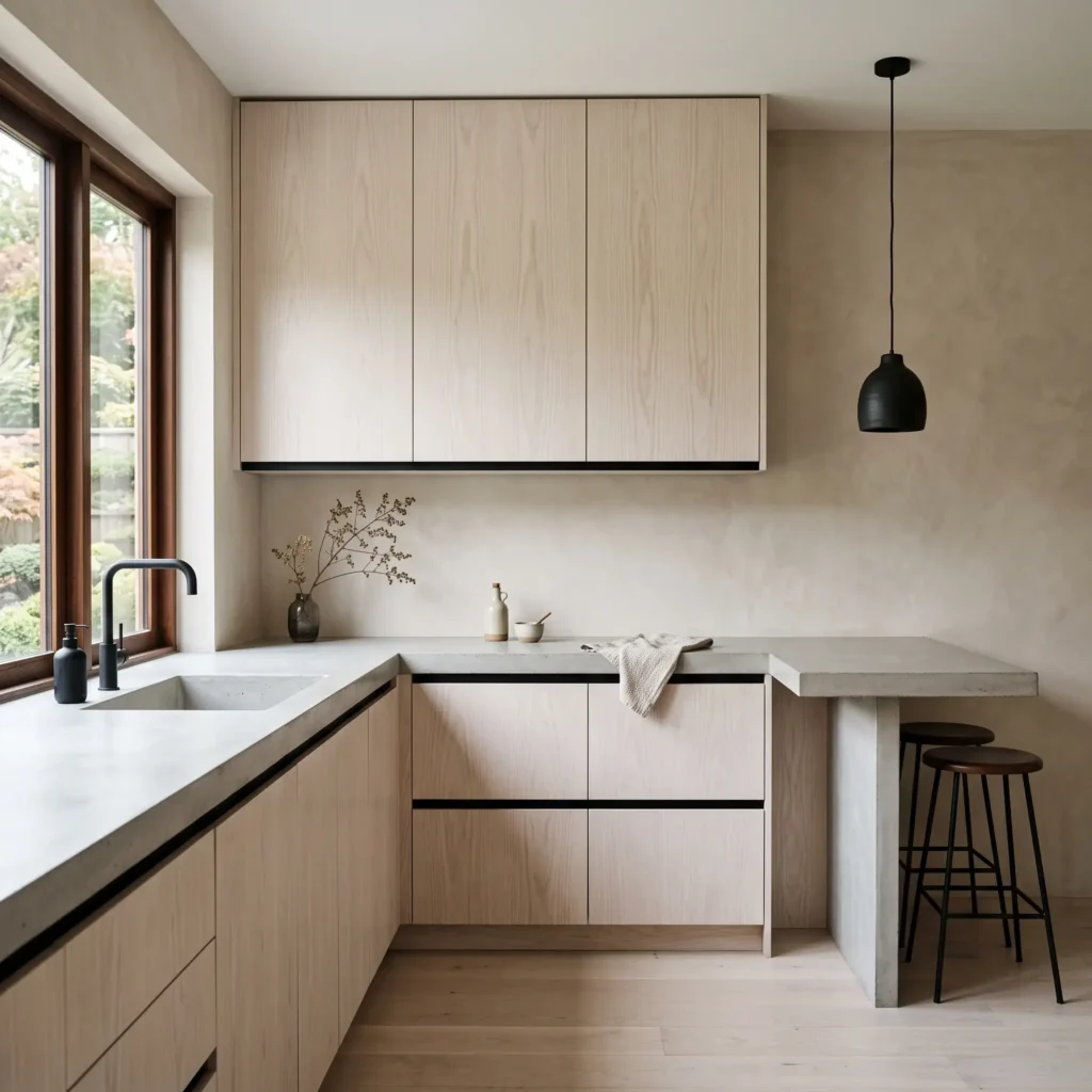 Japandi style kitchen featuring handleless bleached ash flat-panel cabinets and poured concrete counters.