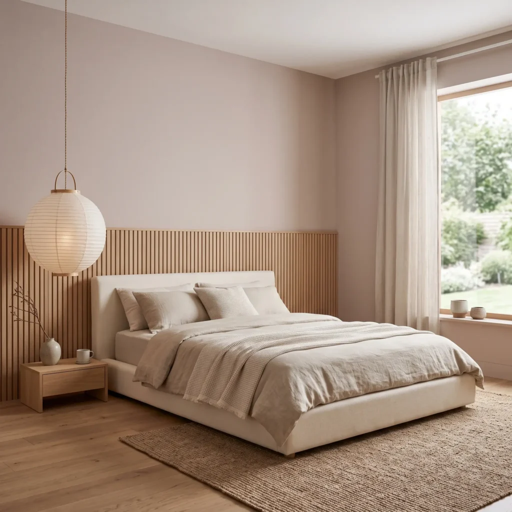 Japandi style bedroom with light wood slat headboard paneling against subtle dusty pink walls.