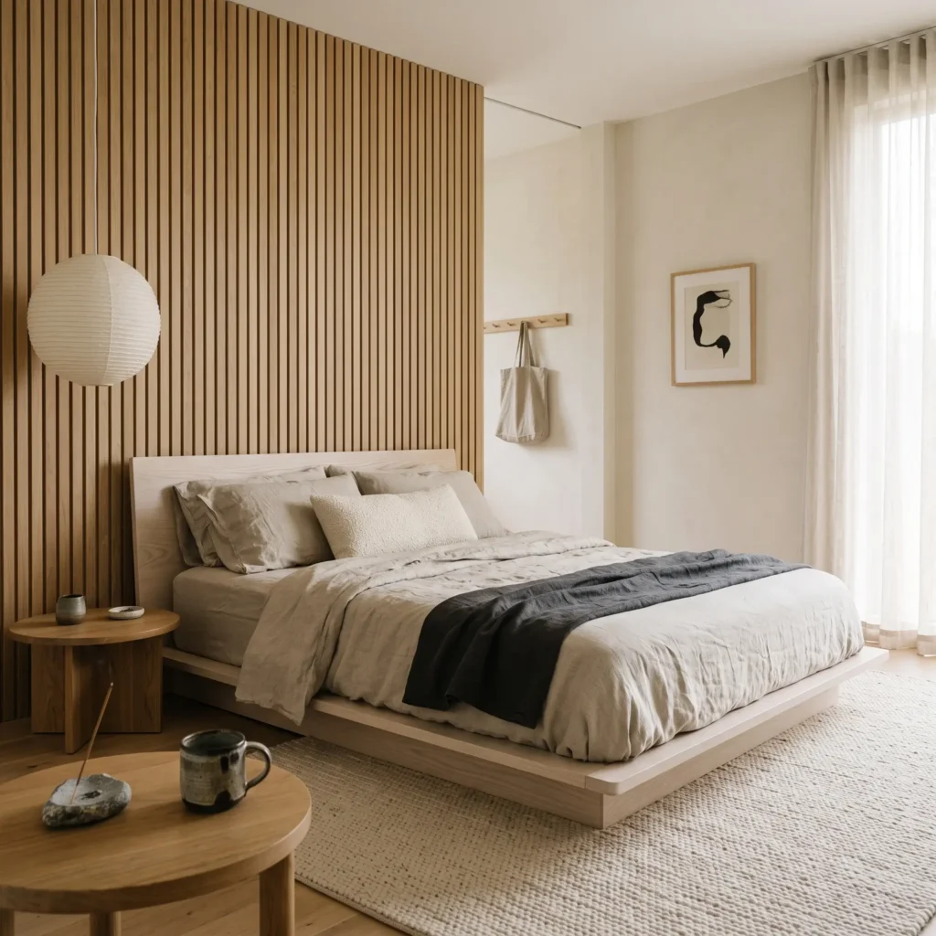Minimalist Japandi guest bedroom with a low white oak platform bed, acoustic slat panels, and raw linen sheets.