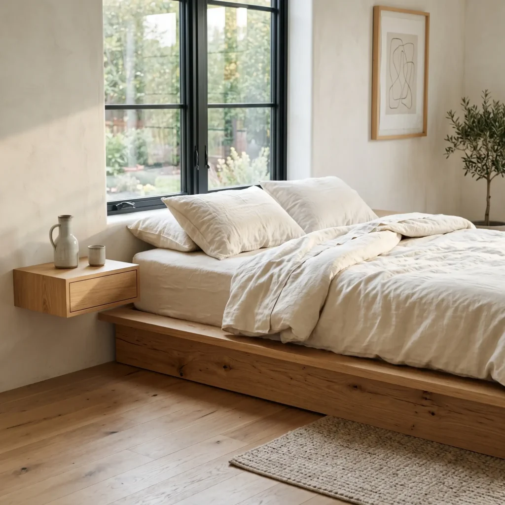 Low-profile solid white oak platform bed frame with neutral linen bedding in a minimalist bedroom.