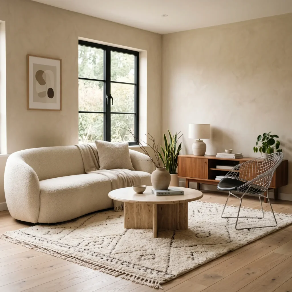 Neutral Japandi and mid-century living room with textured cream walls and bouclé seating