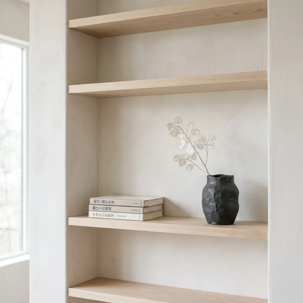  Japandi style ash wood shelves with high negative space, a handcrafted charcoal ceramic urn, and a single stack of art books.