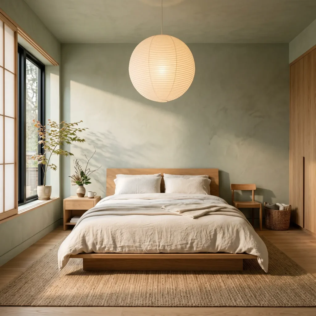 Japandi style bedroom with October Mist sage green walls and a low profile white oak platform bed