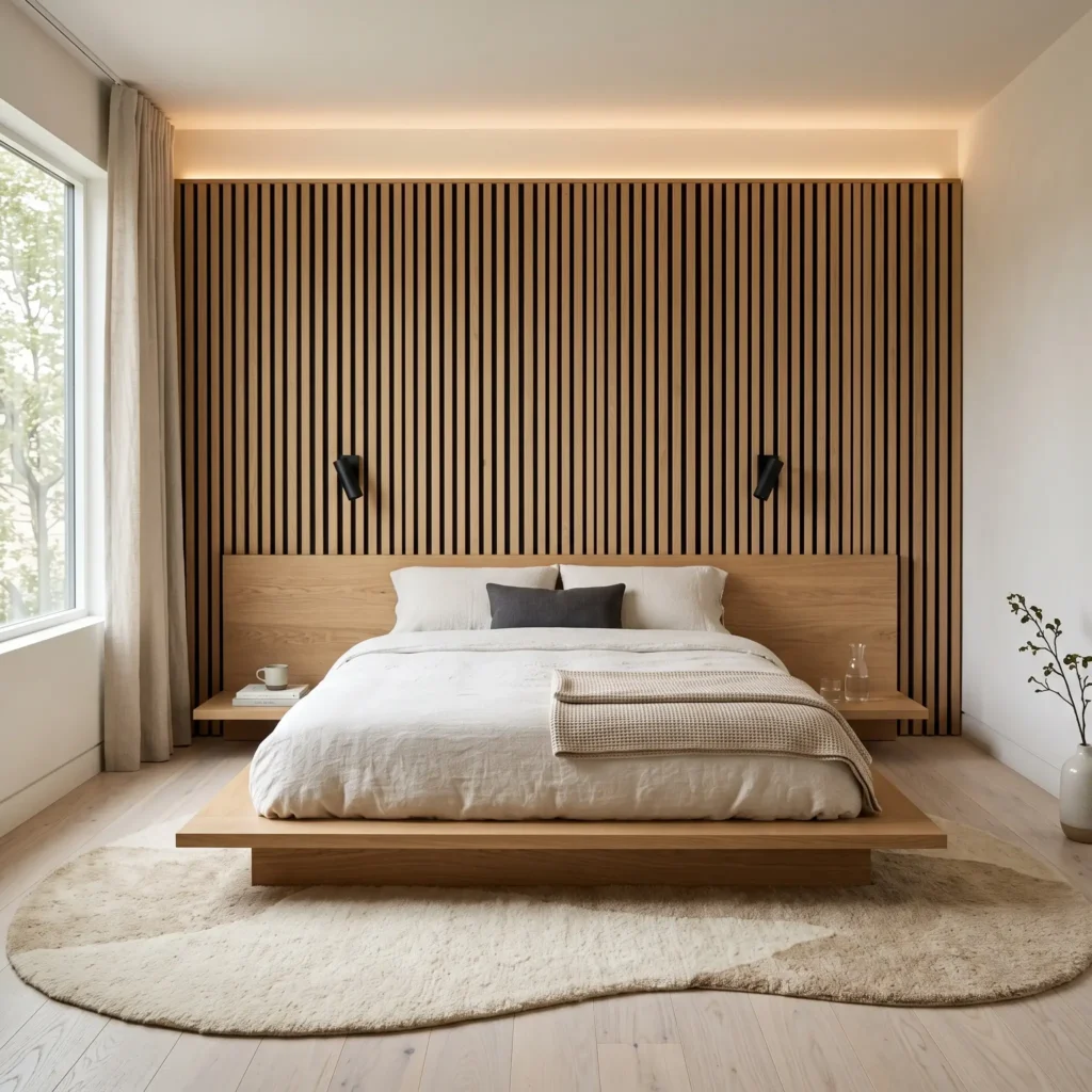 Japandi bedroom layout featuring a low platform bed against a slatted acoustic timber accent wall with warm integrated lighting.