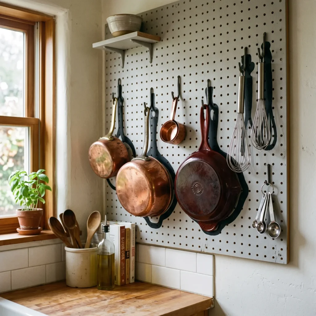 Light gray kitchen wall pegboard holding copper pots, cast iron skillets, and cooking utensils with painted tool outlines.