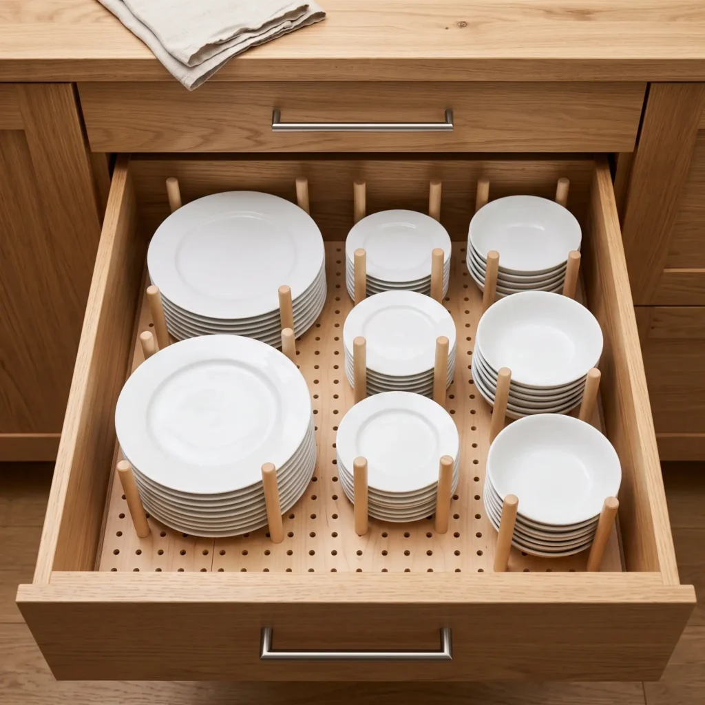 Open deep kitchen drawer with a wooden pegboard base and vertical dowels holding white ceramic plates.