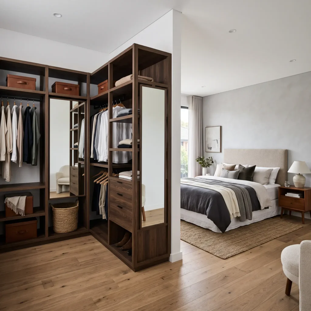 L-shaped bedroom divided into a primary sleeping zone and an adjoining open-plan dressing closet area.