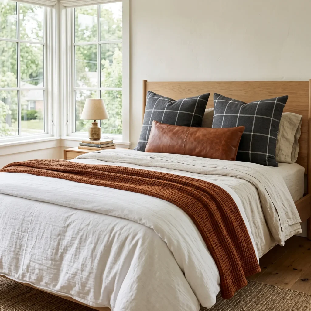 Alt Text: Layered boy bedroom bed with linen sheets, folded waffle blanket, and a leather lumbar pillow.
