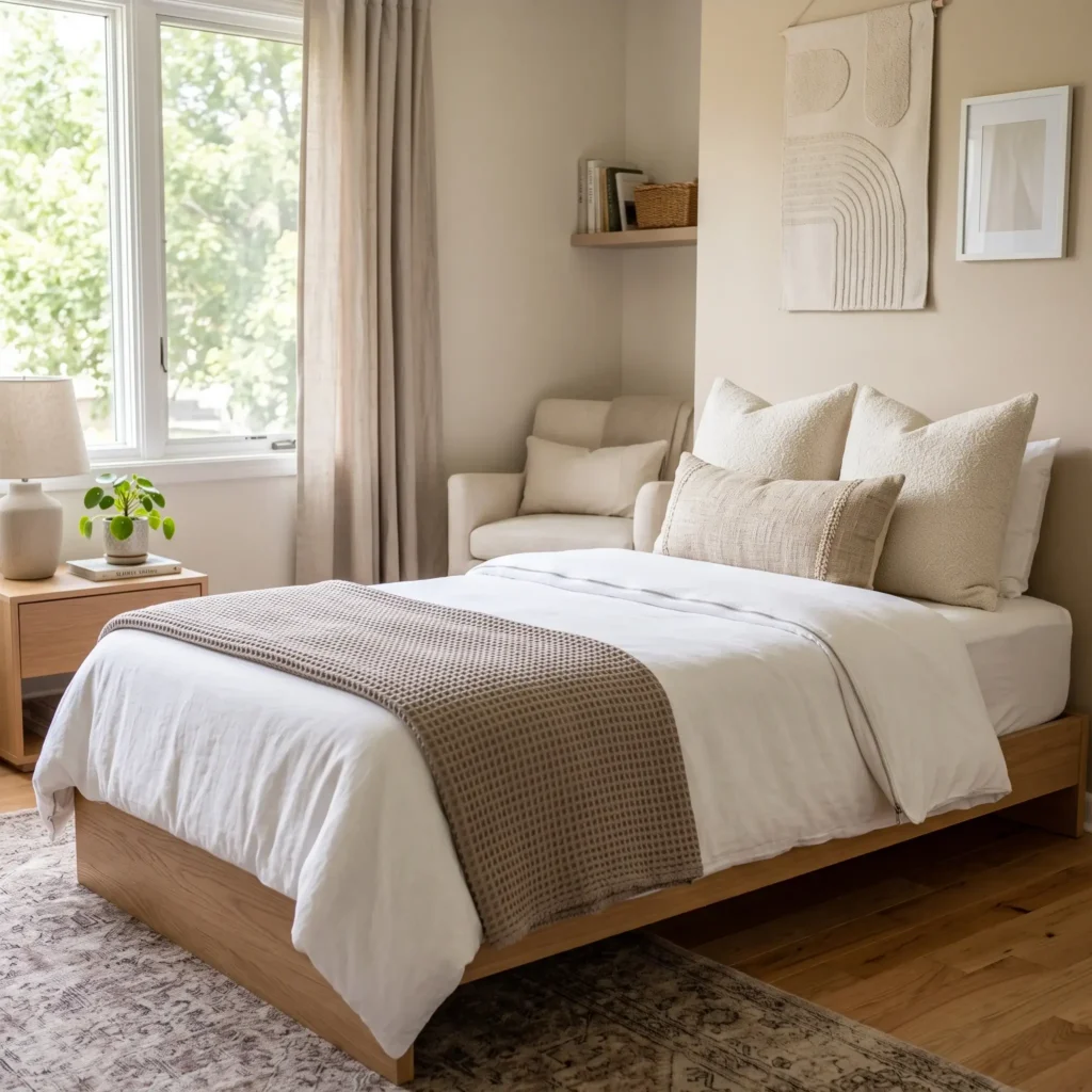 Neatly styled twin bed with zip-up bedding, waffle throw blanket, and textured bouclé pillows.