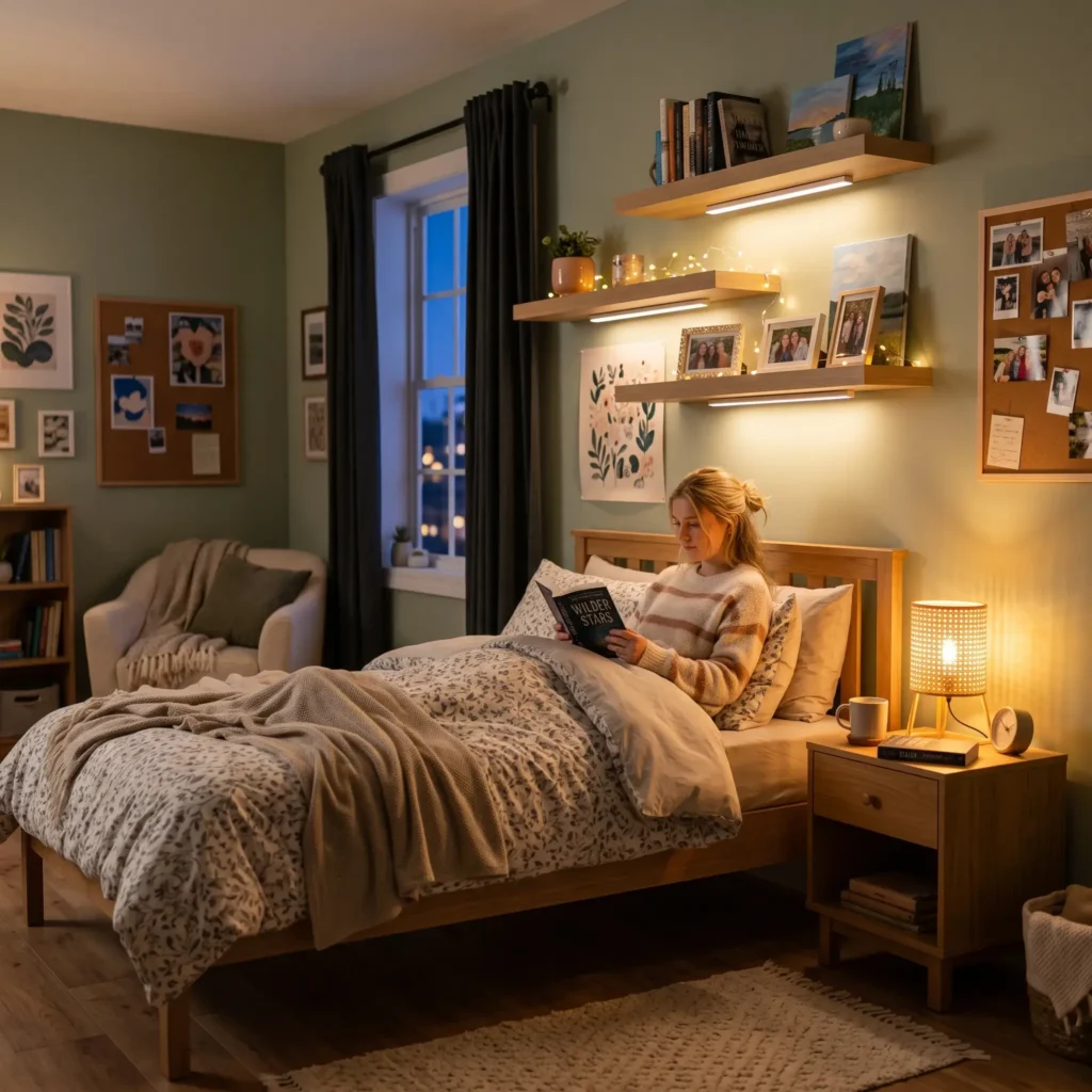 Girl's bedroom featuring warm layered lighting with bedside lamp, desk light, and shelf puck lights.