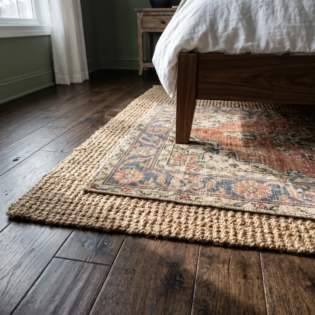 Layered vintage wool rug placed over a chunky braided jute base in an olive green bedroom.