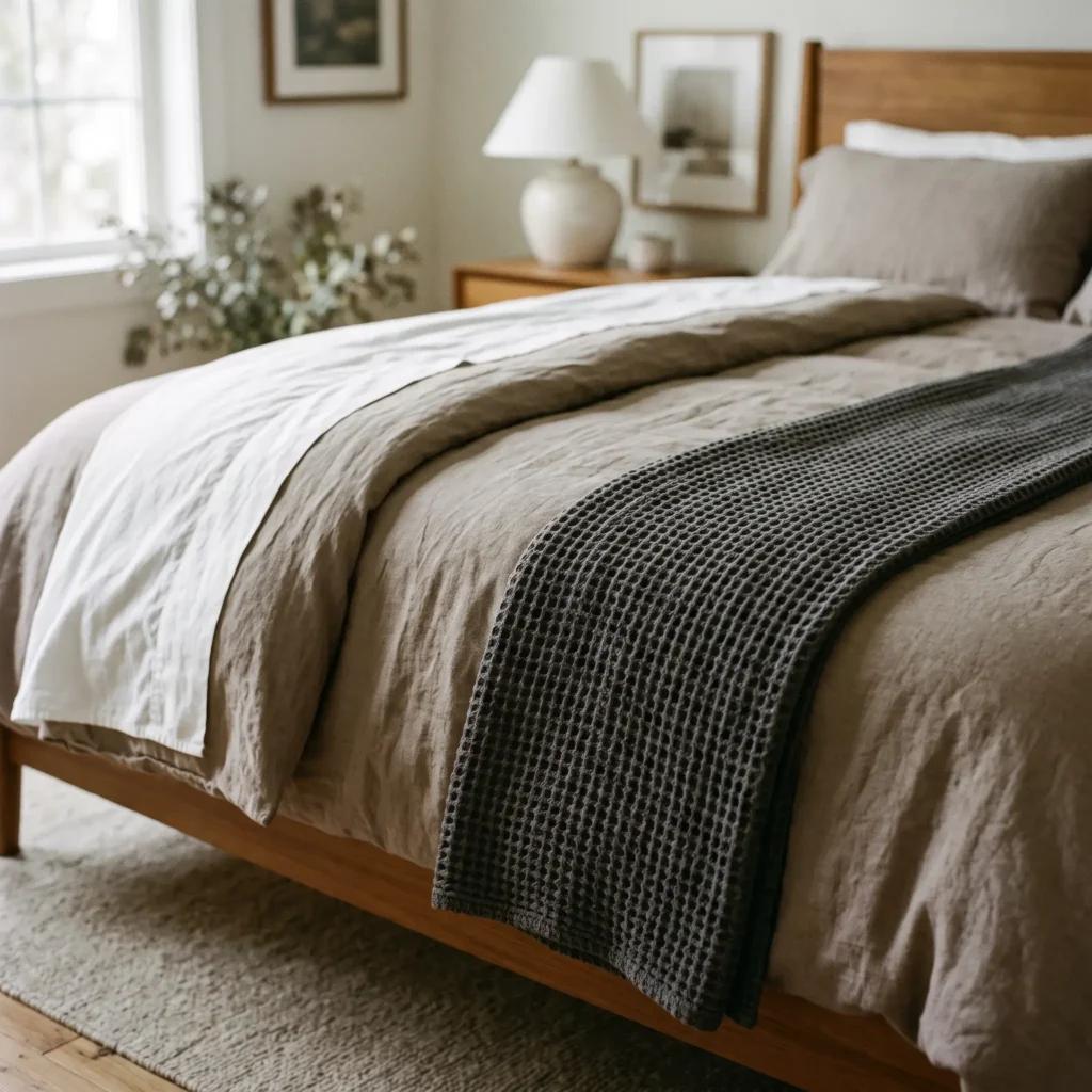A tailored studio bed styled with white linen sheets, folded duvet, and a textured charcoal waffle runner.