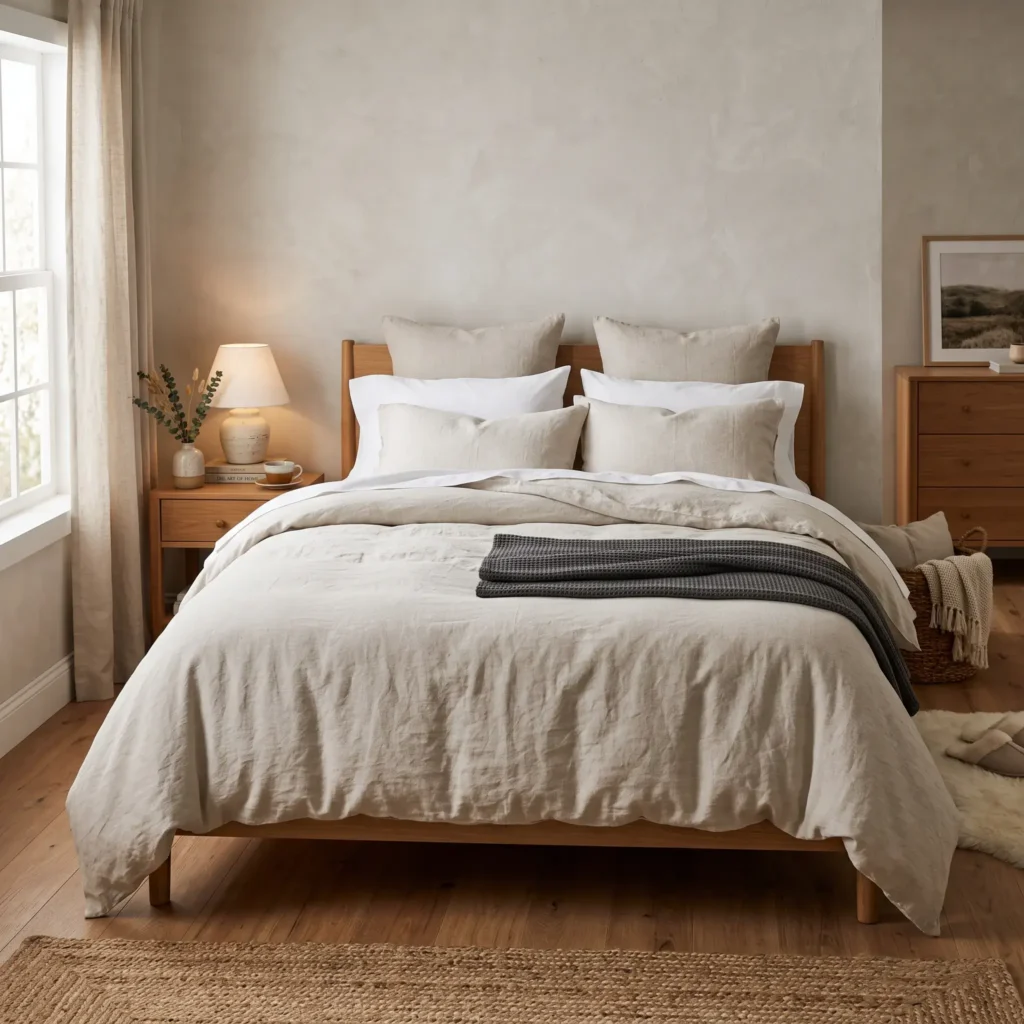 Queen bed styled with fluffy oversized duvet, waffle throw, and upright Euro pillows.