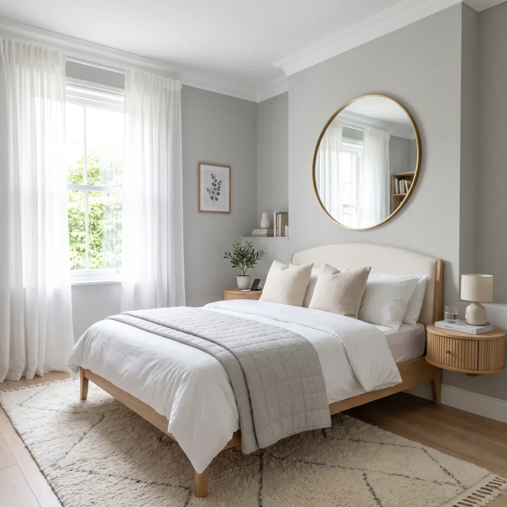 Small bright bedroom with Benjamin Moore Balboa Mist dove grey walls, crisp white trim, curved ivory linen headboard, and fluted white oak floating nightstands.