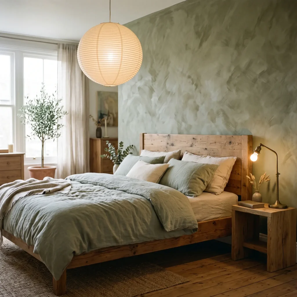 Textured olive green limewash wall behind a reclaimed wood bed with sage green linen bedding.