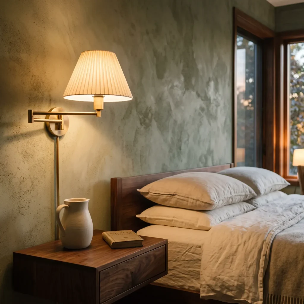 Limewash olive green bedroom wall with textured suede finish and unlacquered brass swing-arm sconce.