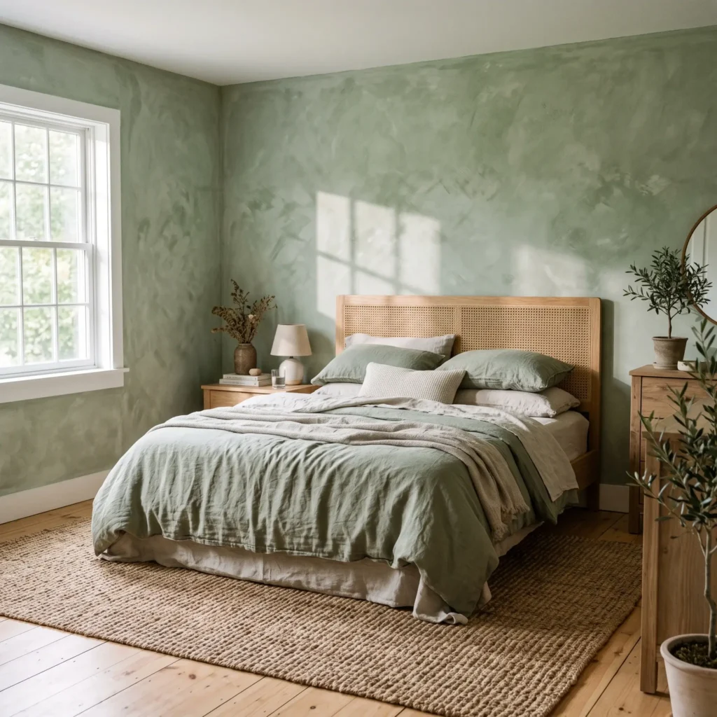 Textured limewash olive green bedroom walls paired with a natural cane bed frame and rumpled linen bedding.