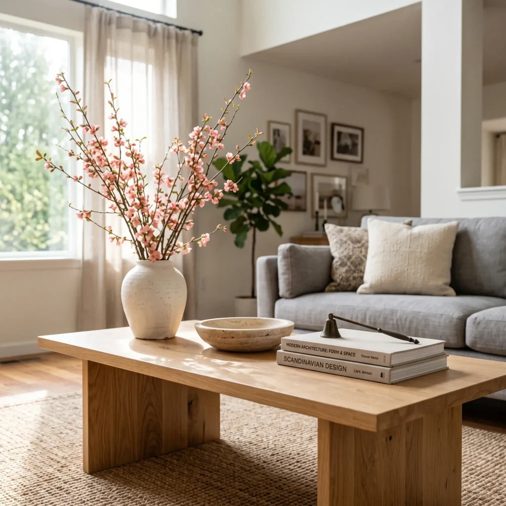 Rectangular oak coffee table styled with a tall ceramic vase, central travertine bowl, and book stack.