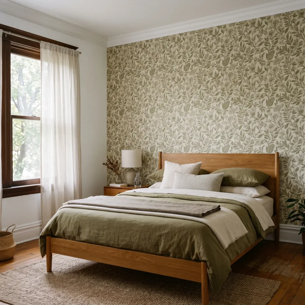 Neutral botanical print cotton fabric installed as a temporary accent wall behind a queen bed.