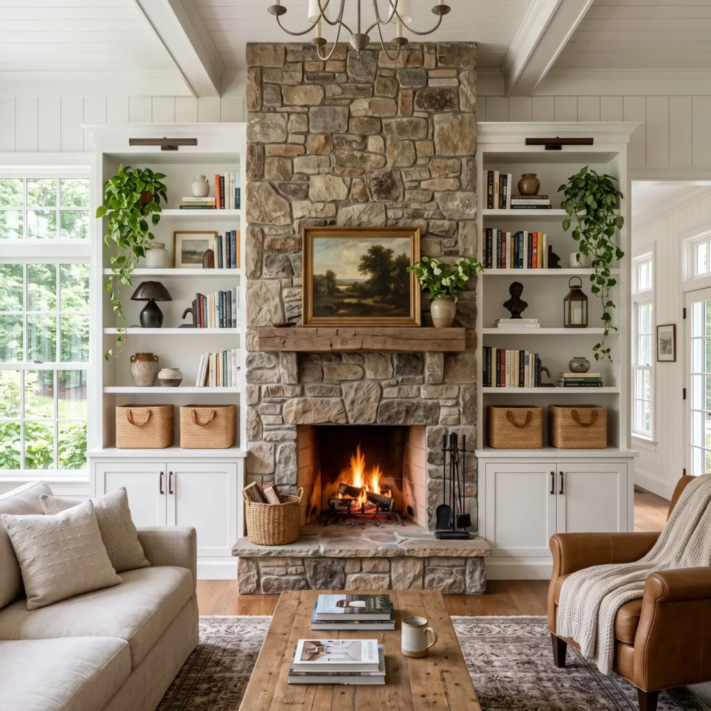 Living room built-in bookcases flanking a stone fireplace, styled asymmetrically with rattan baskets, books, and bronze decor.