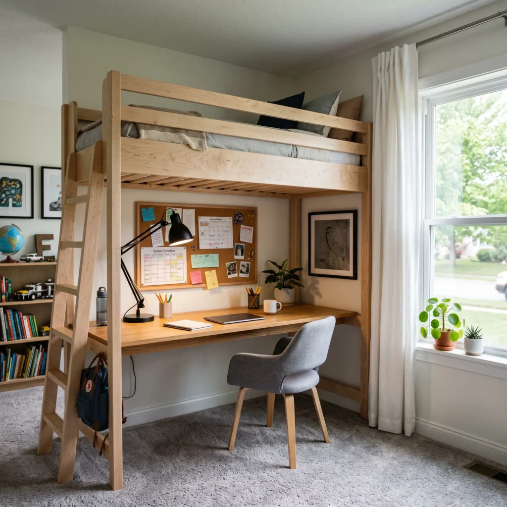 Modern high loft bed with integrated ergonomic computer desk and floating bookshelves underneath.