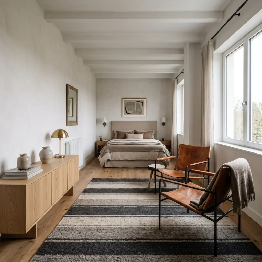Long narrow bedroom divided into a sleeping zone and sitting area using a wide transverse rug.