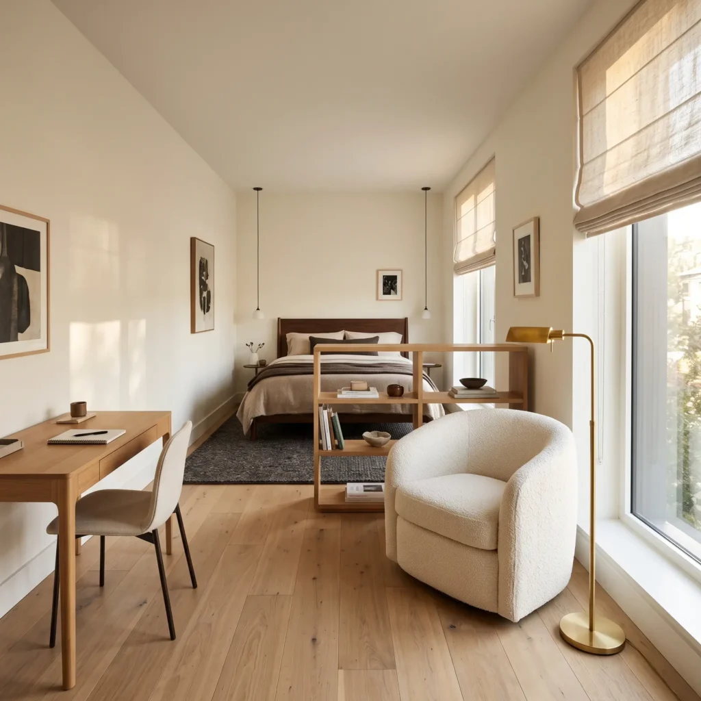 Long narrow bedroom divided into a sleeping zone and a secondary reading lounge using area rugs and furniture zoning.