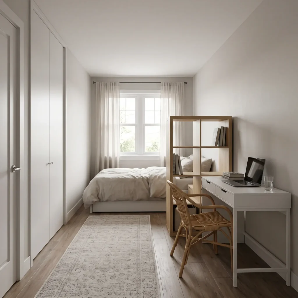 Linear three-zone teen girl bedroom layout for a long narrow room with bed placed widthwise.