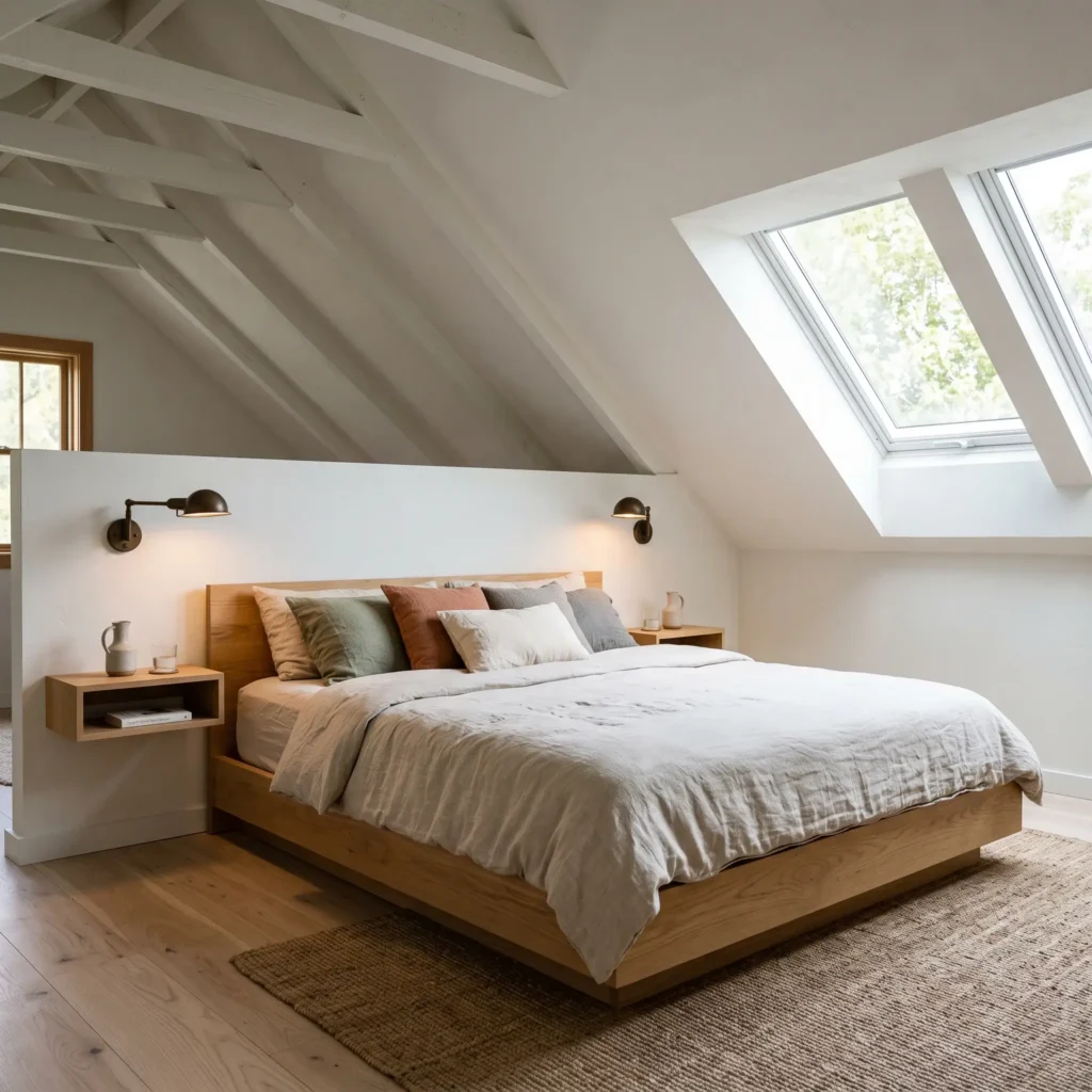 Low-profile king platform bed placed perpendicular under a sloped attic ceiling with built-in knee-wall storage.
