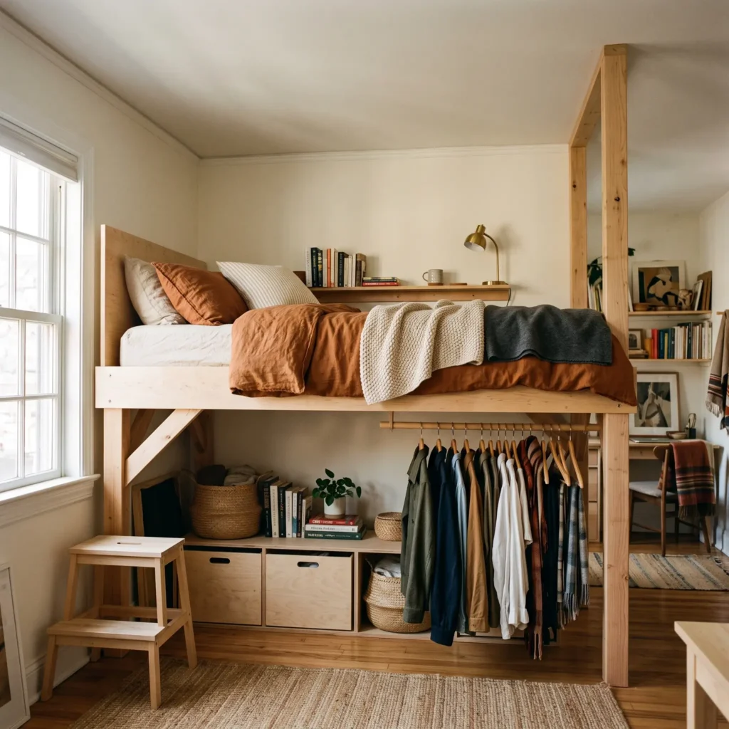 Wooden low loft bed elevated 42 inches with deep modular pull-out storage drawers below.