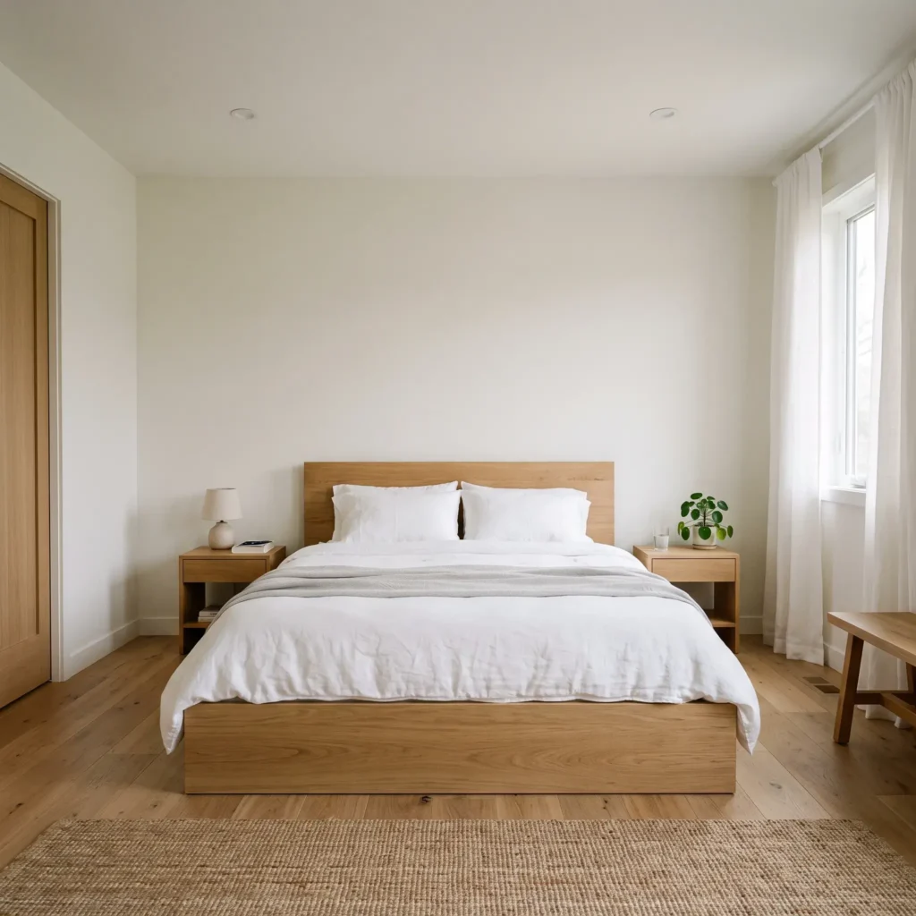 A low-profile solid oak platform bed with ample open wall space beneath a flat ceiling.