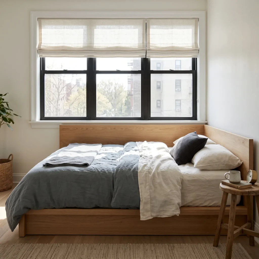 Low platform headboard positioned cleanly below a window sill in an apartment bedroom.