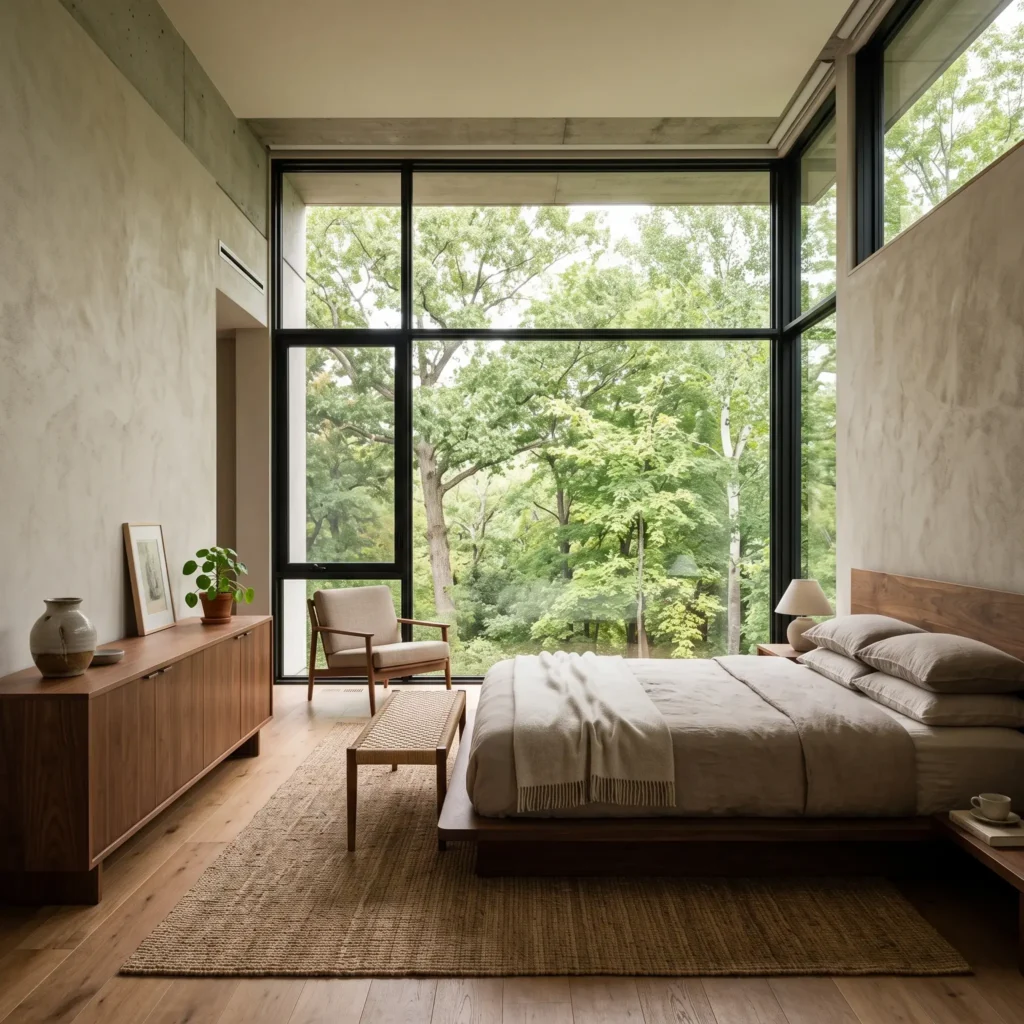 Open primary bedroom layout featuring a low platform bed and long horizontal credenza preserving window views.