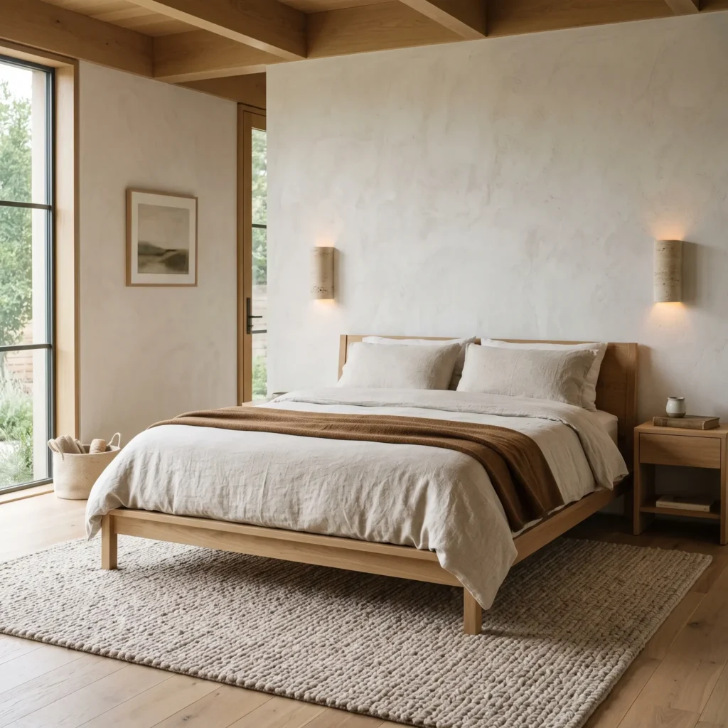 Low profile white oak platform bed styled with natural oatmeal linen sheets on a chunky wool rug in an earthy bedroom.