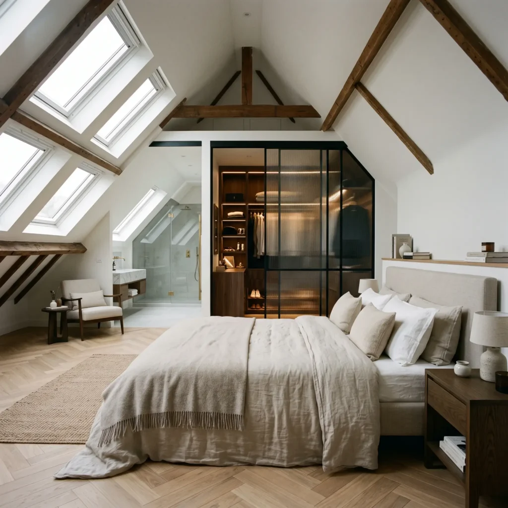 Spacious attic bedroom floor plan with a walk-through closet leading to an en-suite bathroom.