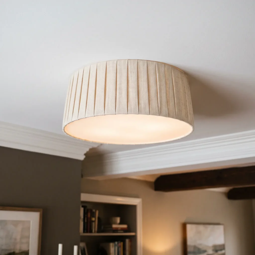 Pleated linen drum shade mounted over a ceiling flush mount fixture in an apartment bedroom