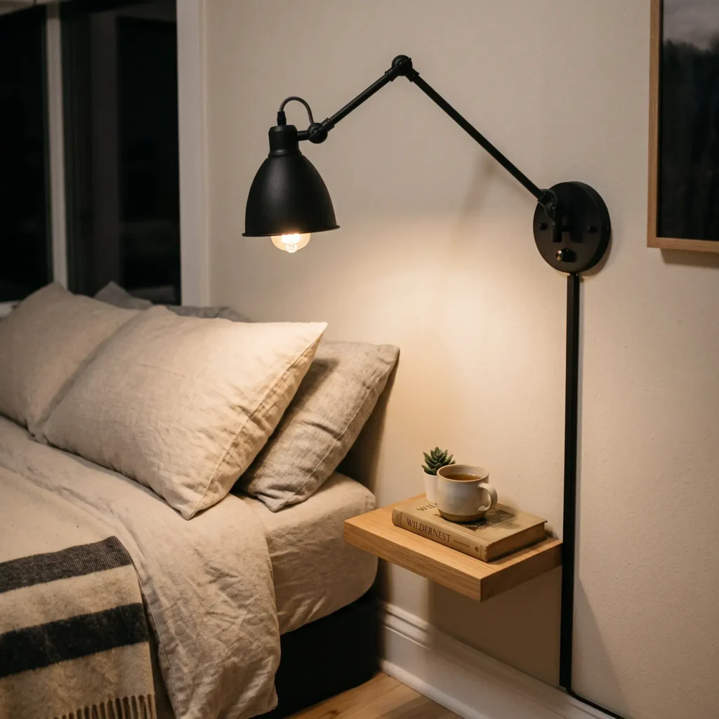 Matte black plug-in swing-arm wall sconce mounted on a bedroom wall above a bedside shelf.